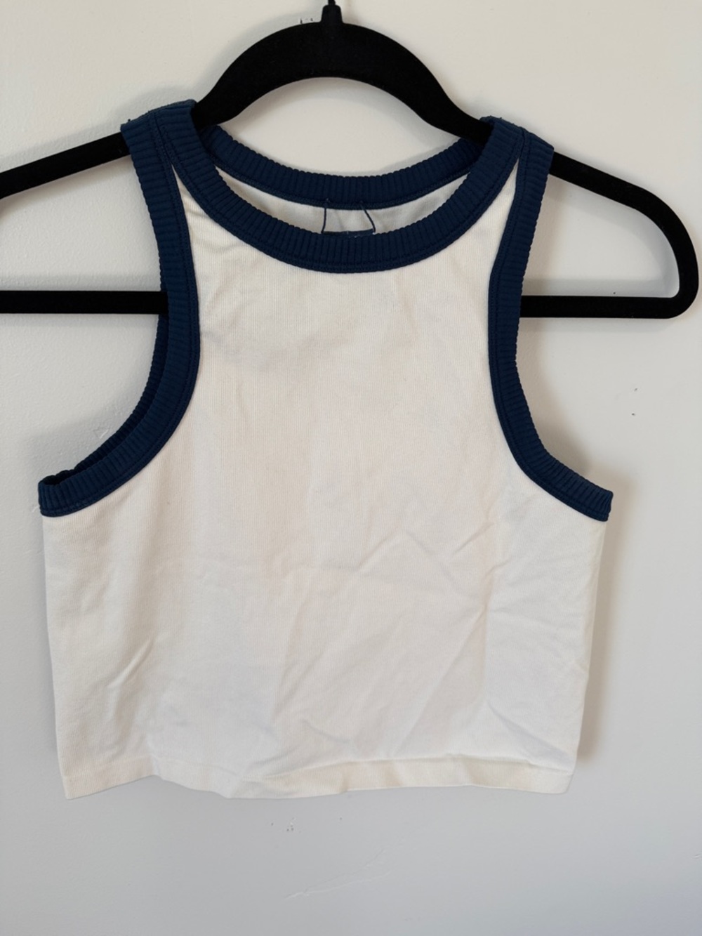 Cotton On White Cropped Tank with Navy Ribbed Trim